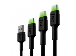 Készlet 3x Green Cell GC Ray USB kábel - USB -C 30cm, 120cm, 200cm, zöld LED, gyorstöltés Ultra Charge, QC 3.0