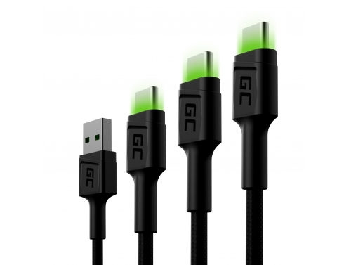 Set 3x Kabel USB-C Type C 30cm, 1,2m, 2m LED Green Cell Ray Ladekabel mit schneller Ladeunterstützung Quick Charge 3.0