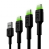 Készlet 3x Kábel USB-C 30cm, 120cm, 200cm LED Green Cell Ray, gyors töltéssel, Ultra Charge, Quick Charge 3.0