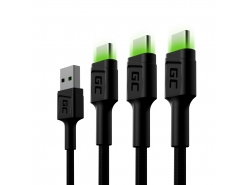 Készlet 3x Green Cell GC Ray USB kábel - USB -C 120cm, zöld LED, gyors töltésű Ultra Charge, QC 3.0