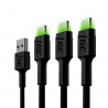 Set 3x Green Cell GC Ray USB kabel - USB -C 120cm, zelená LED, rychlé nabíjení Ultra Charge, QC 3.0