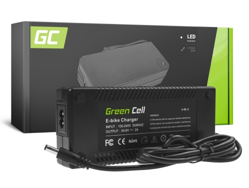 Green Cell ®“ įkroviklis 54,6 V 2A, skirtas dviračio 48V ličio jonų akumuliatoriui su apvaliu kištuku 5,5 * 2,1 mm