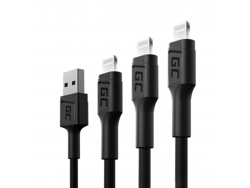 Sada 3x Green Cell GC Ray USB kabel - Lightning 30cm, 120cm, 200cm pro iPhone, iPad, iPod, bílá LED, rychlé nabíjení