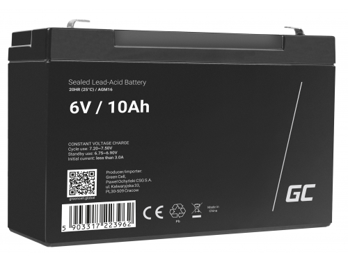 Green Cell® AGM Batterie 6V 10Ah Vlies Wartungsfrei Bleiakku für Elektro Spielzeug Alarm Verkaufsautomaten Überwachung CCTV USV