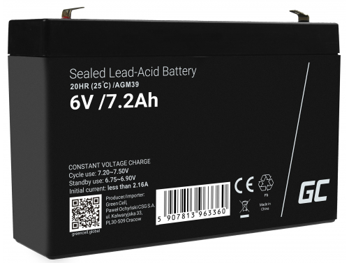 Green Cell® Gelová baterie AGM akumulátorová baterie 6V 7.2Ah VRLA bezúdržbová pro hračky a poplašné systémy