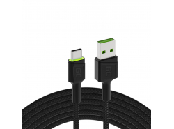 Green Cell GC Ray USB kábel - USB -C 200cm, zöld LED, Ultra Charge gyorstöltés, QC 3.0