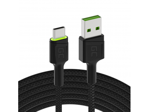 Kábel USB-C 2m LED Green Cell Ray, gyors töltéssel, Ultra Charge, Quick Charge 3.0