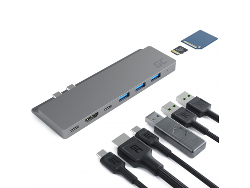 Adaptér HUB USB-C Green Cell 8 v 1 (Thunderbolt 3 HDMI USB SD microSD) pro MacBook Pro 13"-15" 2016-2019 MacBook Air 2018/2019
