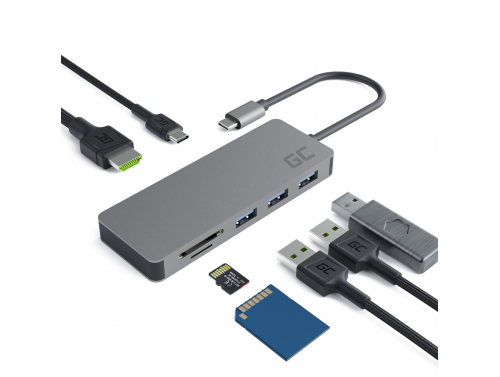 Adapter HUB USB-C Green Cell 7 in 1 (USB 3.0 HDMI 4K microSD SD) für Apple MacBook Pro, Air, Asus, Dell XPS, HP, Lenovo X1