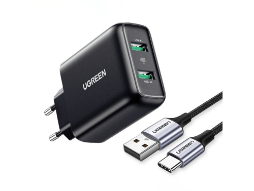 UGREEN hálózati töltő 18W, 2 x USB, Gyors töltés Power Delivery 3.0, Fekete szín