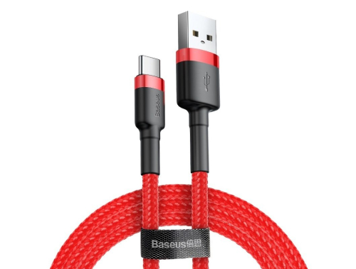 Kabel USB - USB-C Baseus Cafule 2A, 200 cm, Quick Charge 3.0, Přenos dat 480 Mb/s, Odolný oplet, Červená barva
