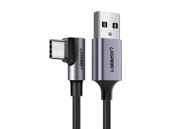 UGREEN USB-A į USB-C kampo formos kabelis, 3 A, 200 cm, Quick Charge 3.0 greito įkrovimo galimybė, Juodo ir sidabro spalvos