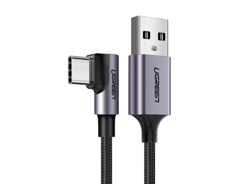 UGREEN Winkelkabel USB C zu USB 3A, 2m, Schnellladefunktion Quick Charge 3.0, Farbe Schwarz-Silber.