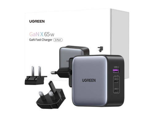 UGREEN Nexode hálózati töltő, 65W GaN, 2x USB-C, USB, cserélhető EU/US/UK dugóval, Ideális utazótöltő