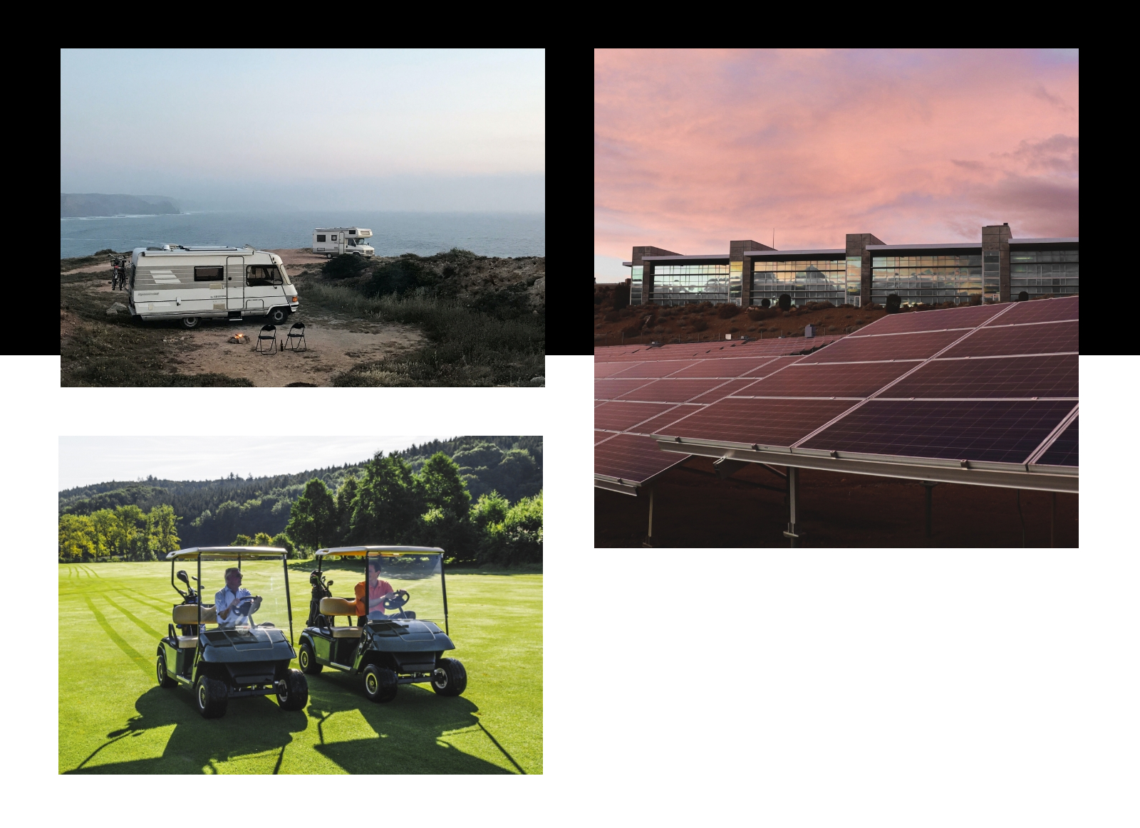 Grafika jest podzielona na 3 części i przedstawia: dwa kampery na tle morza, 2 wózki golfowe oraz farmę paneli fotowoltaicznych.
